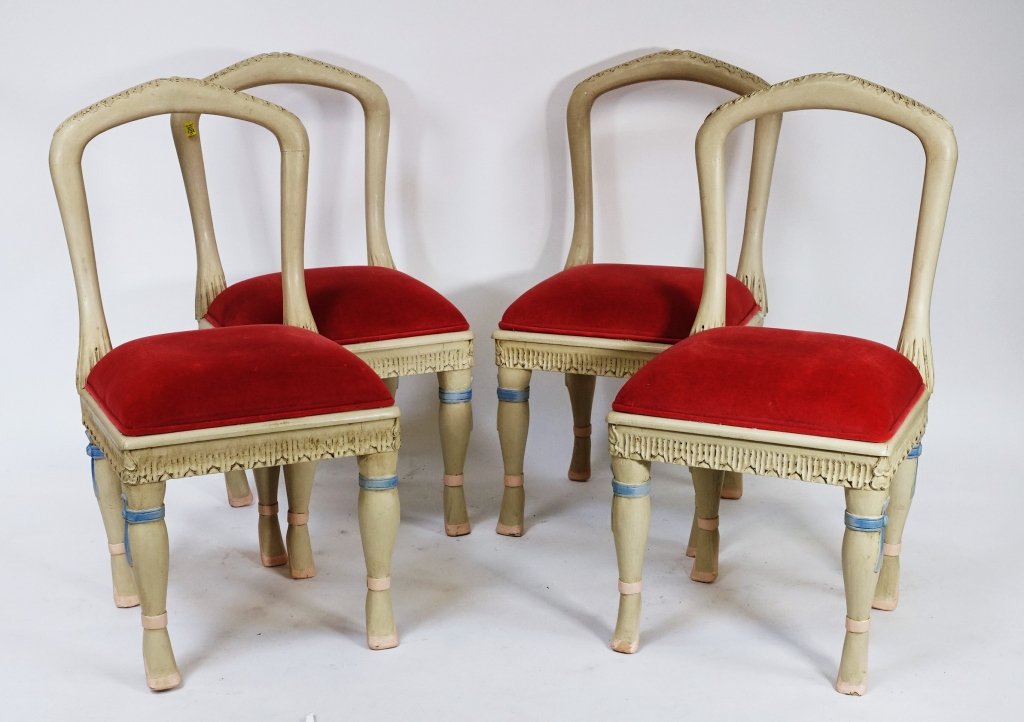 4 French Ballet Slipper Foot Chairs: FRANCE, 20TH CENTURY A set of four ballet slipper foot chairs with pink upholstery. 35 1/2" tall by 17" wide by 16" deep