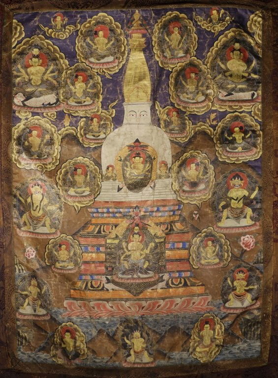 Signed Tibetan Thankga w/ Buddha & Stuppa (1 of 10)