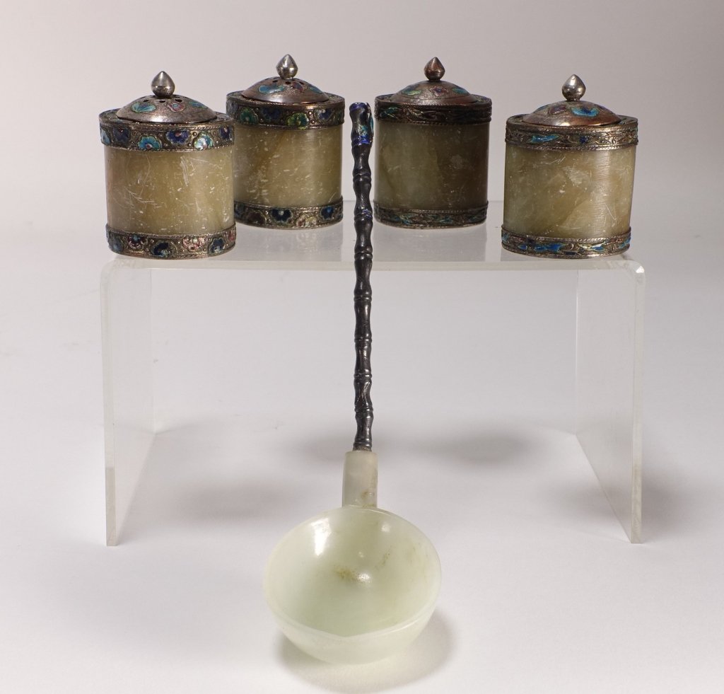 Chinese Silver Enamel Stone Spice Jars Jade Ladle (1 of 8)