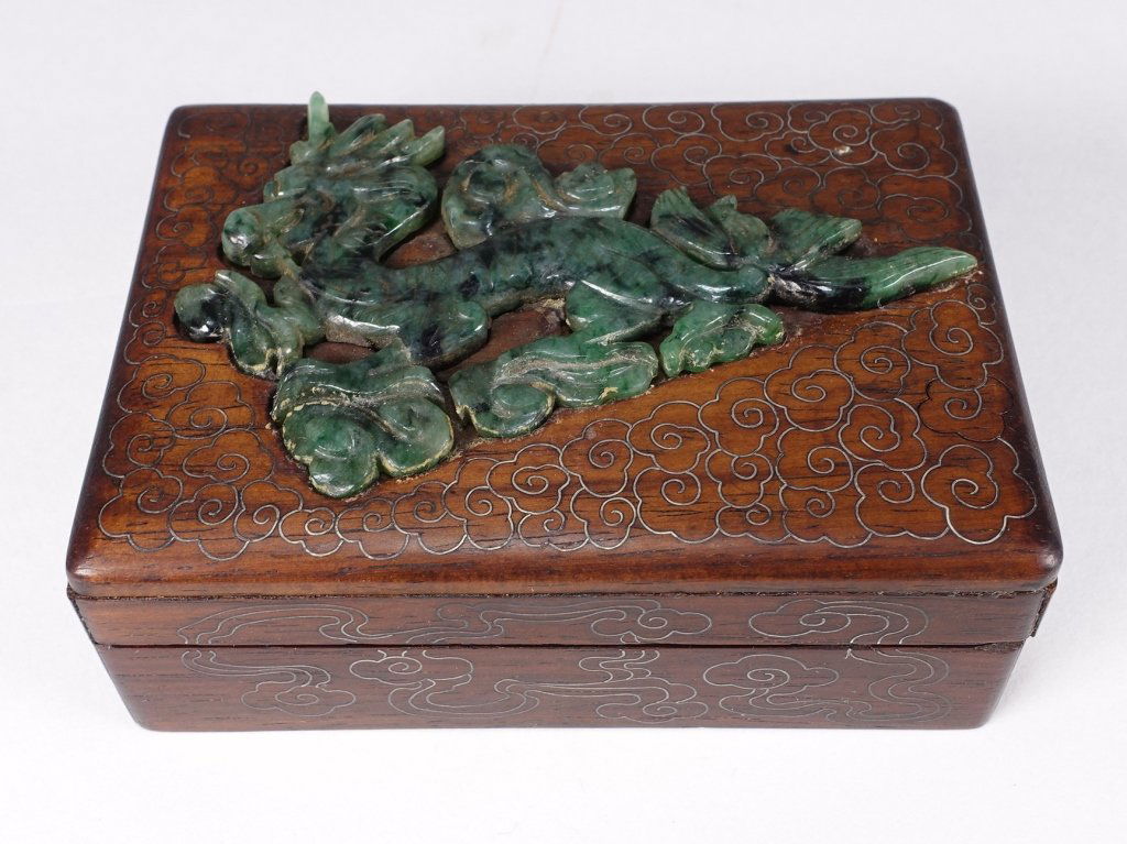 Carved Chinese Zitan Silver Jade Dragon Box (1 of 6)