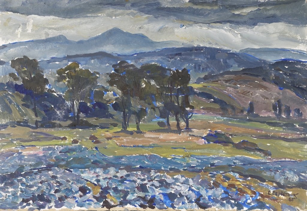 Stanislav Marianovich Servrtnik Russian Painting 4: UKRAINE, 20TH CENTURY A golden age Russian Impressionism painting by Stanislav Marianovich Servrtnik. The painting is of a nocturnal landscape with a river in the foreground and mountains in the backg