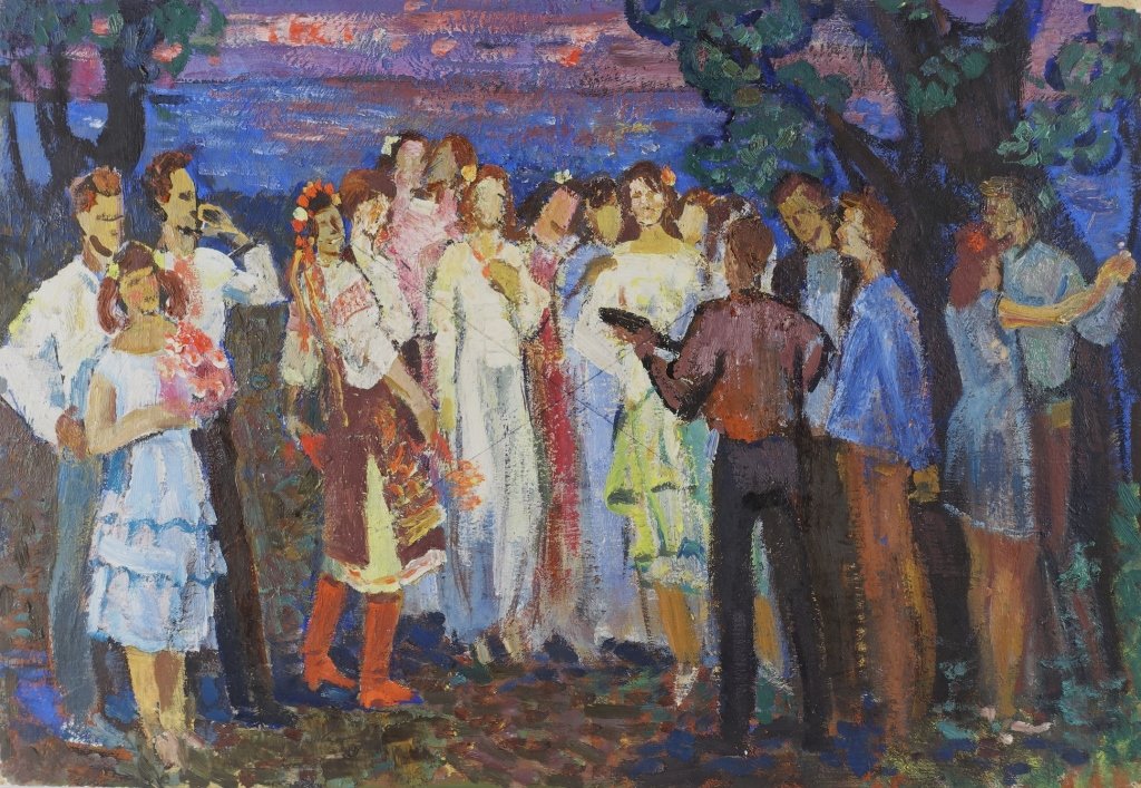 Vladimir Dmitrievich Nesterov Russian Painting: UKRAINE, 20TH CENTURY A golden age Russian Impressionism painting by Vladimir Dmitrievich Nesterov. The painting is double sided. One side depicts a captivated audience listening to a guitar player at