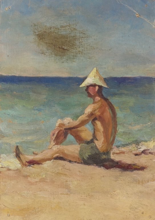Arkady Grigorievich Pavluk Russian Painting: UKRAINE, 20TH CENTURY A golden age Russian Impressionism painting by Arkady Grigorievich Pavluk. The painting depicts a upright seated male on a waterfront. Pavluk Arkady Grigorievich, who was born in