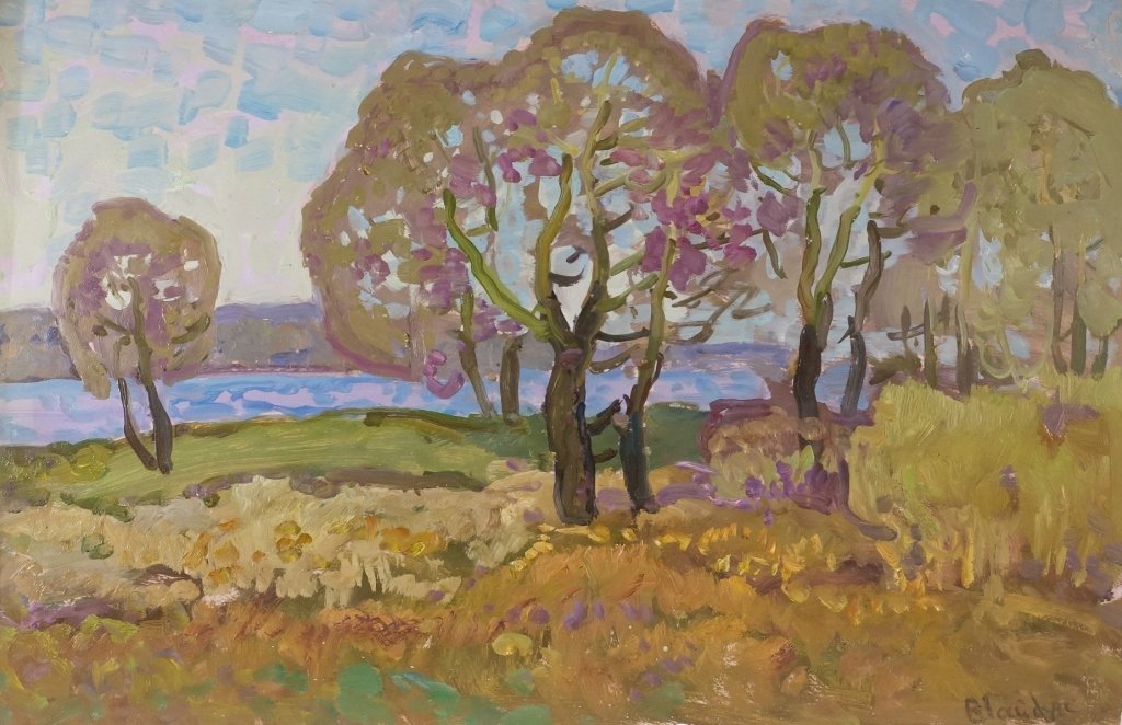Victor Kirilovich Gaiduk Russian Painting: UKRAINE, 20TH CENTURY A golden era Russian Impressionism painting by Victor Kirilovich Gaiduk. The piece depicts a fall landscape with a running river in the background. Pavluk Arkady Grigorievich, wh