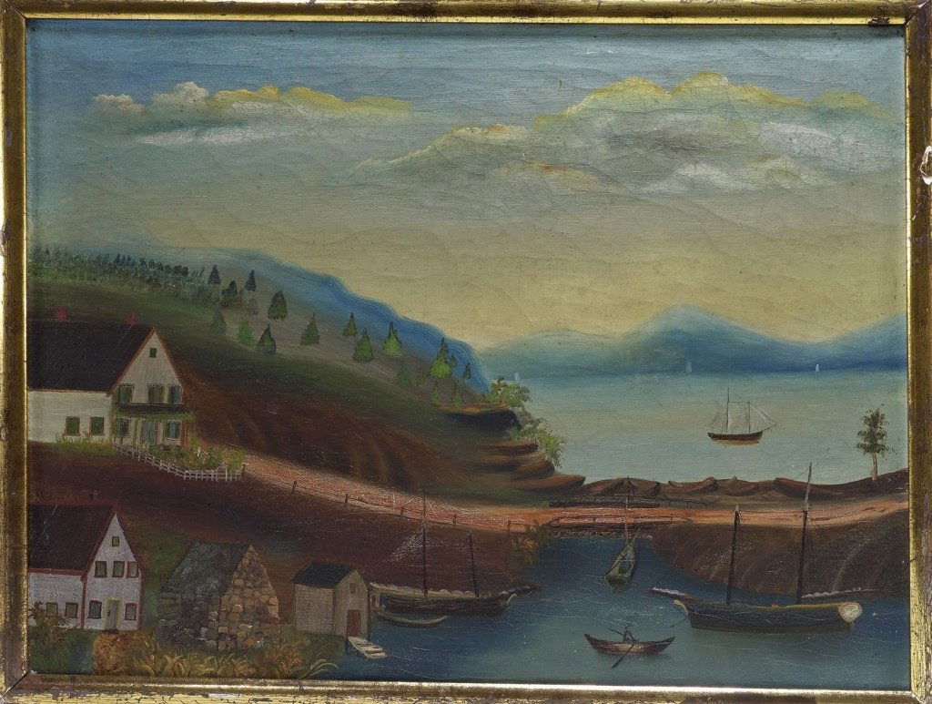 American 19C Folk Art O/C Harbor Scene Painting (1 of 6)