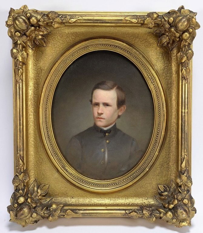Frank Penfold Portrait Painting of Young Soldier: Frank Penfold Portrait Painting of Young Soldier"NEW YORK/ FRANCE, 1849-1921 Fine quality oval portrait of a young soldier by Frank Penfold. His brown hair is parted to the side. It is painted on stre
