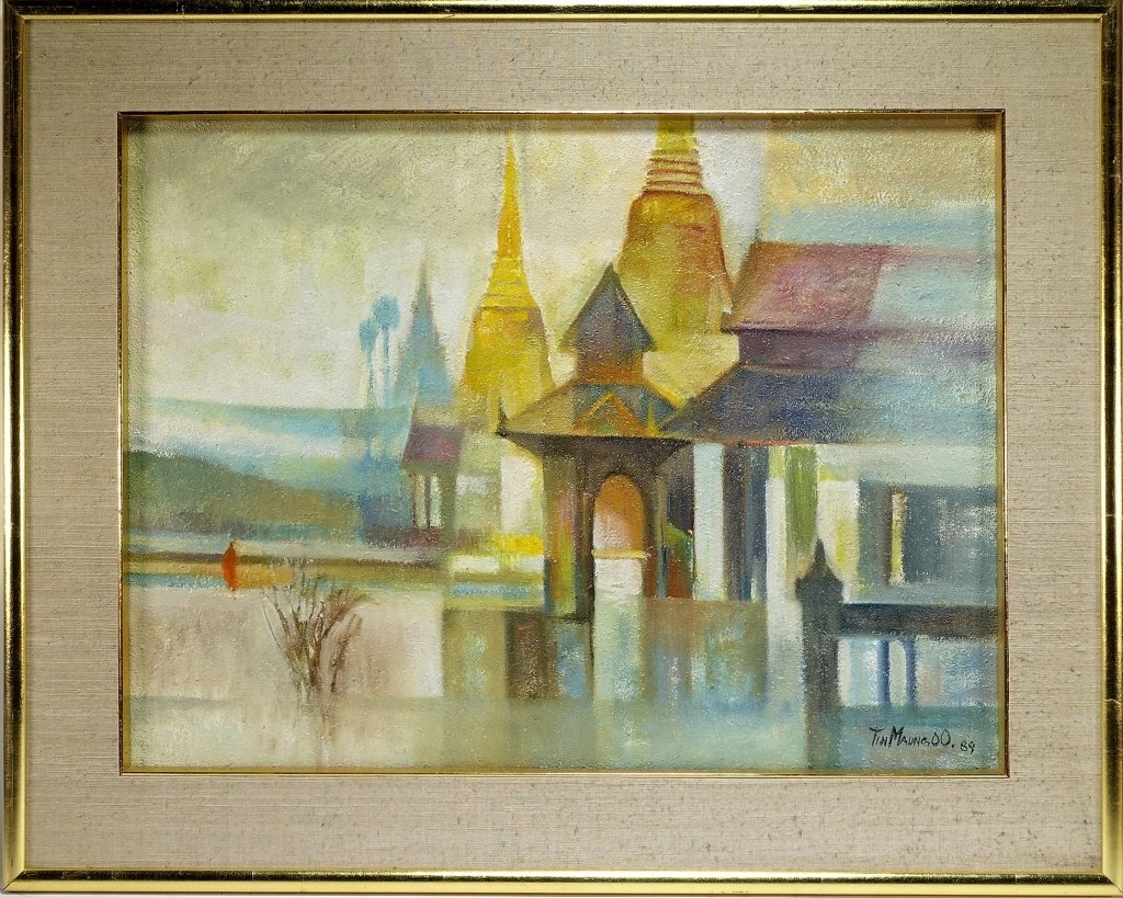 Tin Maung Oo Contemporary Cubist Painting: Tin Maung Oo Contemporary Cubist Painting"MAYNMAR, b.1949 A contemporary cubist painting by famed Southeast Asian artist Tin Maung Oo. The artist uses proto-cubist styling in combination with a vibran