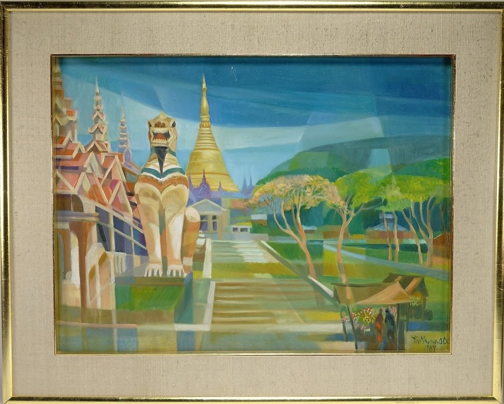 Tin Maung Oo Contemporary Cubist Painting: Tin Maung Oo Contemporary Cubist Painting"MAYNMAR, b.1949 A contemporary cubist painting by famed Southeast Asian artist Tin Maung Oo. The artist uses proto-cubist styling in combination with a vibran