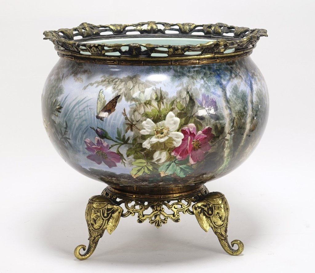 G Lemonnier French Limoges Ormolu Mount Jardiniere: G Lemonnier French Limoges Ormolu Mount Jardiniere"FRANCE, 19TH CENTURY A French Limoges region bronze ormolu mounted porcelain jardiniere signed G. Lemonnier. The jardiniere is fully decorated with a