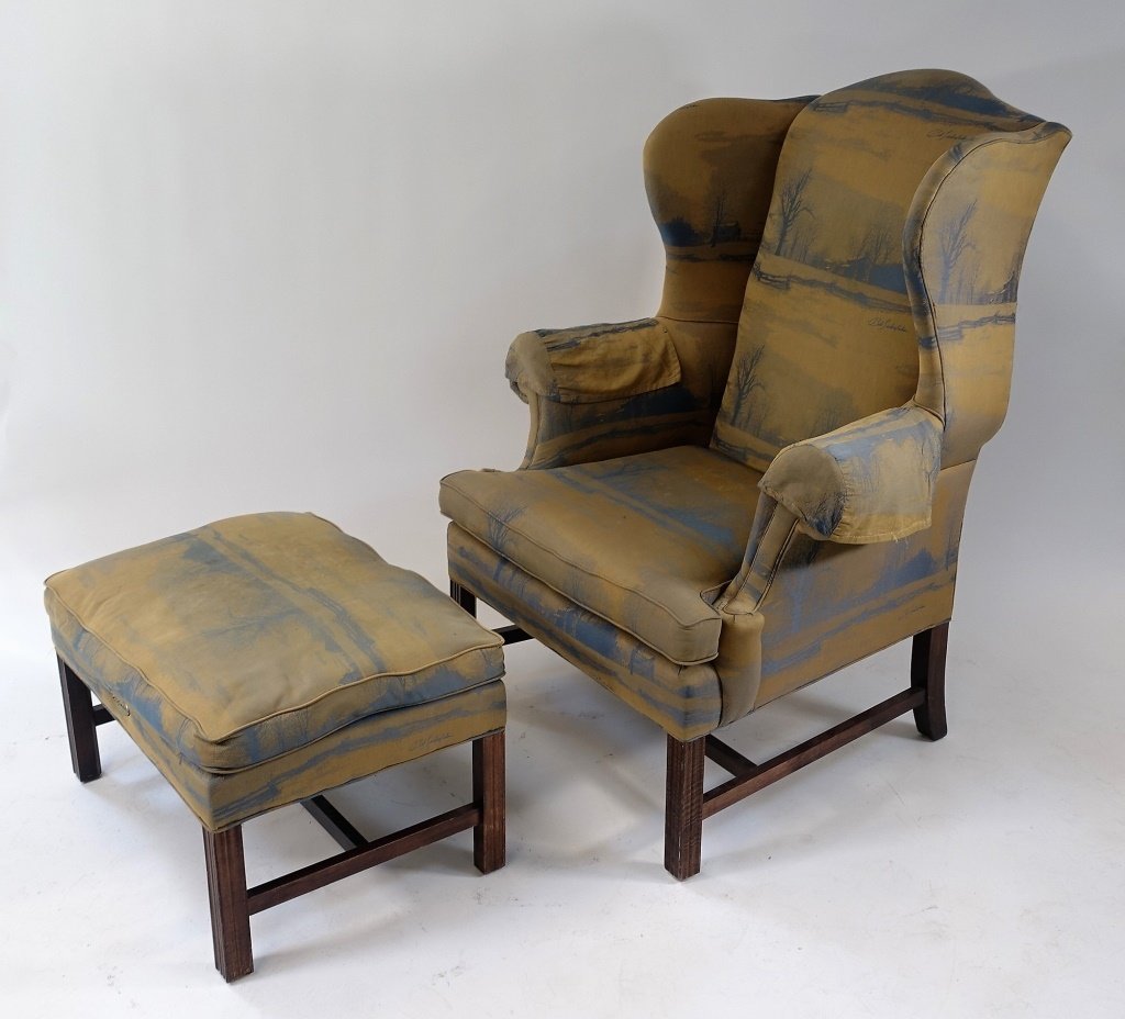 Bob Timberlake Landscape Upholstery Chair Ottoman: Bob Timberlake Landscape Upholstery Chair Ottoman"UNITED STATES, 20TH CENTURY An original Bob Timberlake upholstered chair and ottoman. They are decorated with a landscape scene and signed on a metal