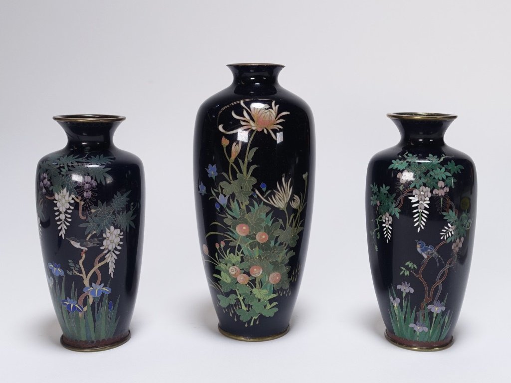 3 Japanese Cloisonne Silver Wire Floral Vases (1 of 6)
