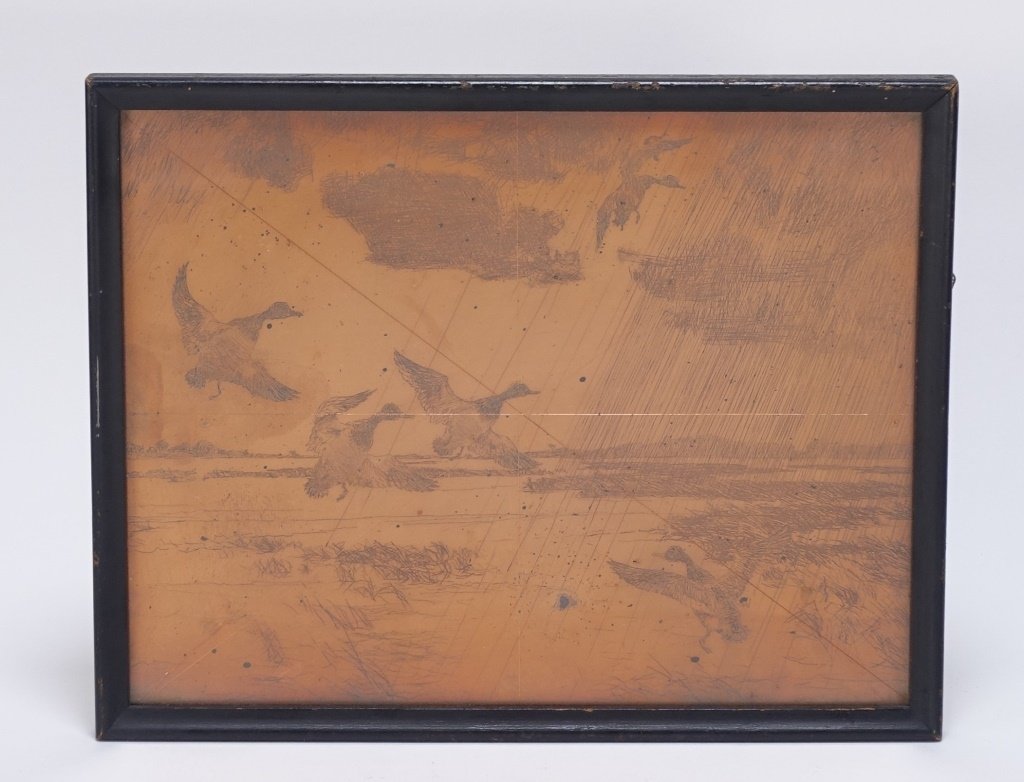 Frank Benson Cancelled Copper Printing Plate: MASSACHUSETTS, 1862-1951 A Frank Benson cancelled copper printing plate. The plate depicts geese in flight leaving a marsh area. Framed measures 7 1/2" by 9 1/2"