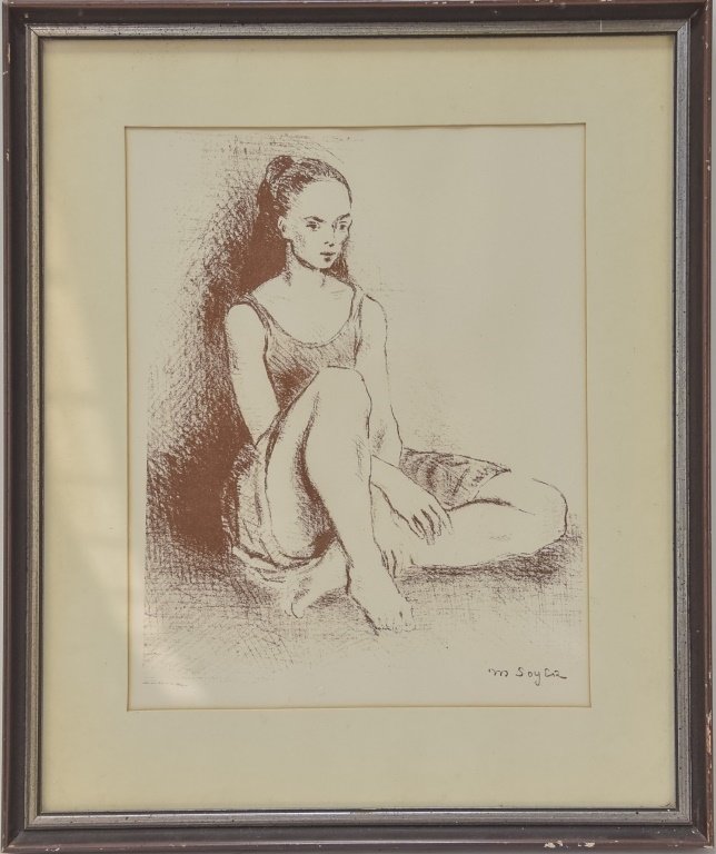 Moses Soyer Ballet Dancer Lithograph: RUSSIA/NEW YORK, 1899-1974 An original lithograph by Russian-American social realist Moses Soyer. Titled "Ballet Dancer", the work depicts a seated dancer with points removed. The work is signed in th