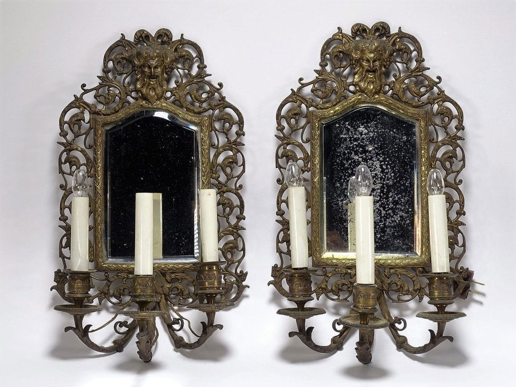 Pr. Cast Brass Bacchus Mirror Wall Sconces (1 of 5)
