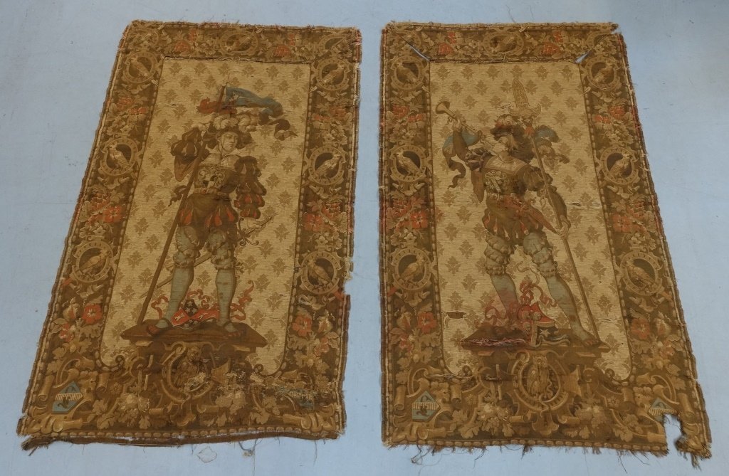 PR French Aubusson Textiles w Male Figure: FRANCE, 19TH CENTURY A pair of French Aubusson textiles. Each textile is decorated in a earth tone with male musketeer figure accented by a floral border with birds. Each measures 6' 10" by 4' 2"