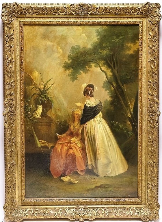 English School Romantic Women Love Letter Painting: ENGLAND, 1750-1850 A fine English School oil on canvas Romantic painting of two women reading love letters. The work exhibits Rococo influence in its depiction of the two women. A female figure is see