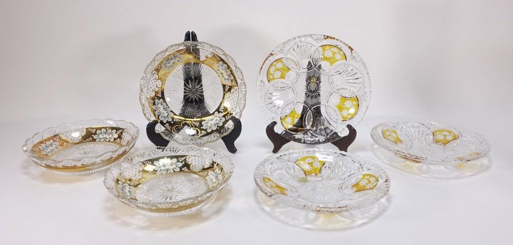 6 Czech Bohemian Enamel Cut Glass Plate Bowls (1 of 6)