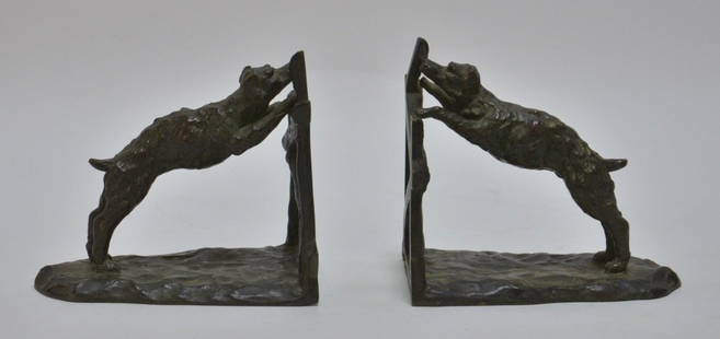 Pr. Louis Fontinelle French Bronze Dog Bookends: FRANCE, 1886-1964 A fine pair of bronze bookends by French artist Louis Fontinelle. The bookends depict hounds jumping over a fence. The bookends are signed on the base and marked "Made in France" on