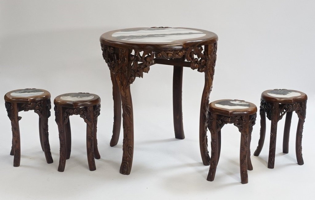 Vintage Chinese Hardwood Peach Form Table & Chairs (1 of 9)