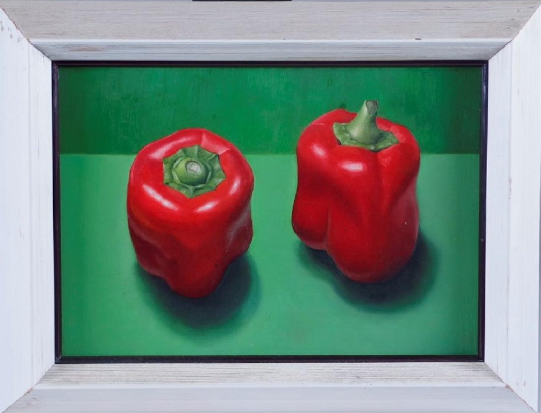 James Aponovich Red Peppers Still Life Painting: NEW HAMPSHIRE, b.1948 An oil on panel still life painting of peppers by contemporary artist James Aponovich. Titled "Red Peppers", the work is a great example of Aponovichs photorealist style. The pai