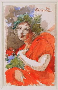 Paul-Albert Besnard Bacchante Girl W/C Painting: FRANCE, 1849-1934A pencil, pen and ink, and watercolor portrait painting by Paul-Albert Besnard. The work depicts an Art Nouveau stylized Bacchante girl in red diaphanous drapery adorned by a laurel