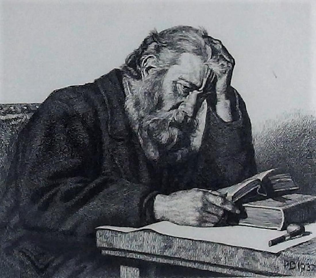 C.1932 Paul Drury Etching of Old Man Reading (1 of 6)