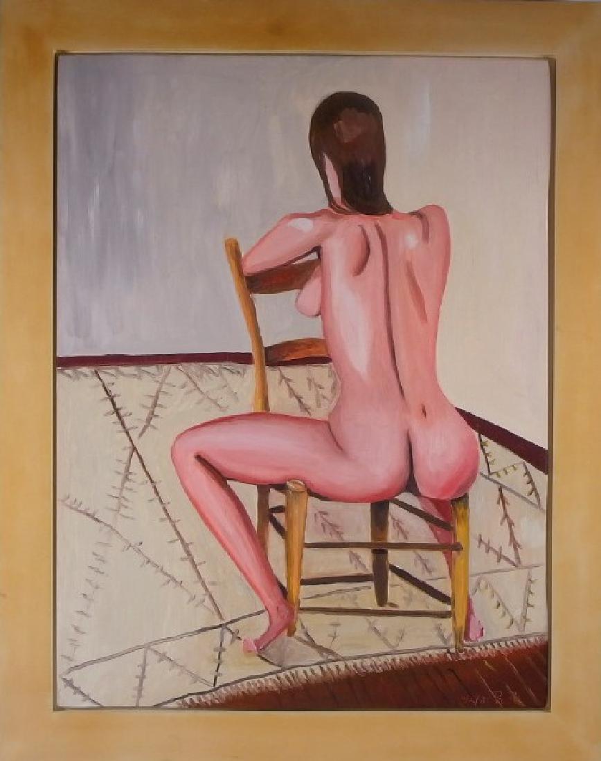 Rafael Ferrer Folk Art Oil Painting of Seated Nude: PUERTO RICO/ UNITED STATES, b.1933 An oil on wood board painting of a seated nude by contemporary folk artist Rafael Ferrer. The untitled work depicts a nude female seated backwards on a ladder back c