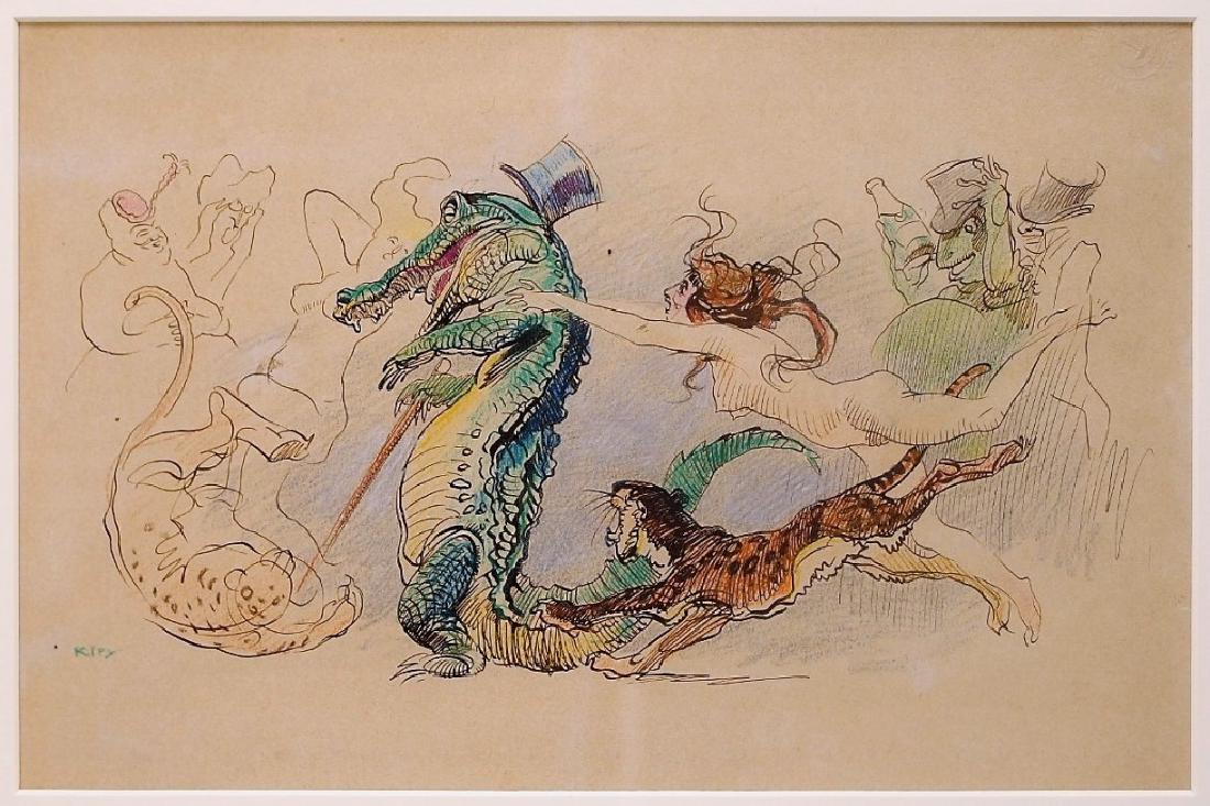 Heinrich Kley Crayon Pen Ink Crocodile Drawing: GERMANY, 1863-1945 A crayon, pen, and ink drawing by Heinrich Kley. Titled "Leben und Ausleben Lassen" (Live and Let Live), the work depicts a crocodile with top hat and walking stick being chased by 