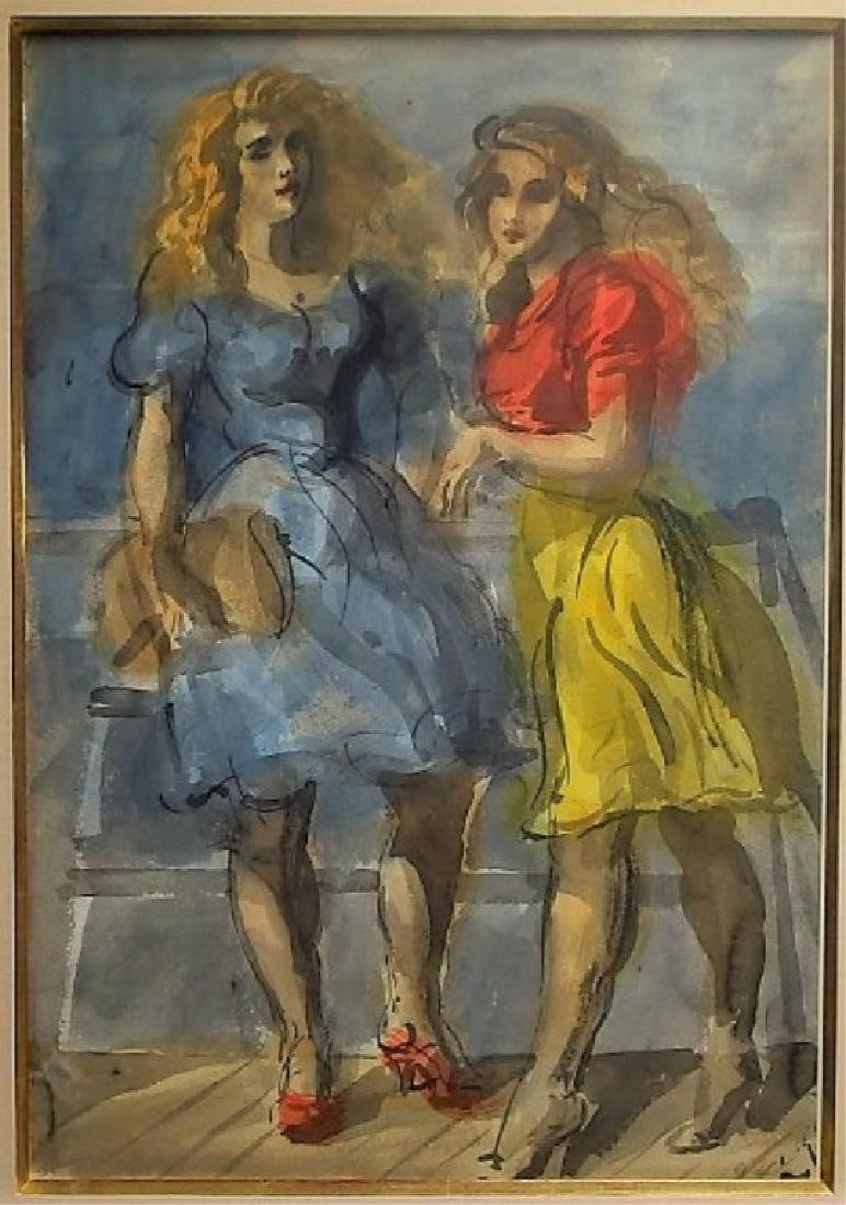 Reginald Marsh Boardwalk Double Sided W/C Painting: NEW YORK/VERMONT, 1898-1954 A double sided watercolor painting by Social Realist Reginald Marsh. The recto titled "On the Boardwalk" depicts two vogue women lazing on a boardwalk with hair flowing in
