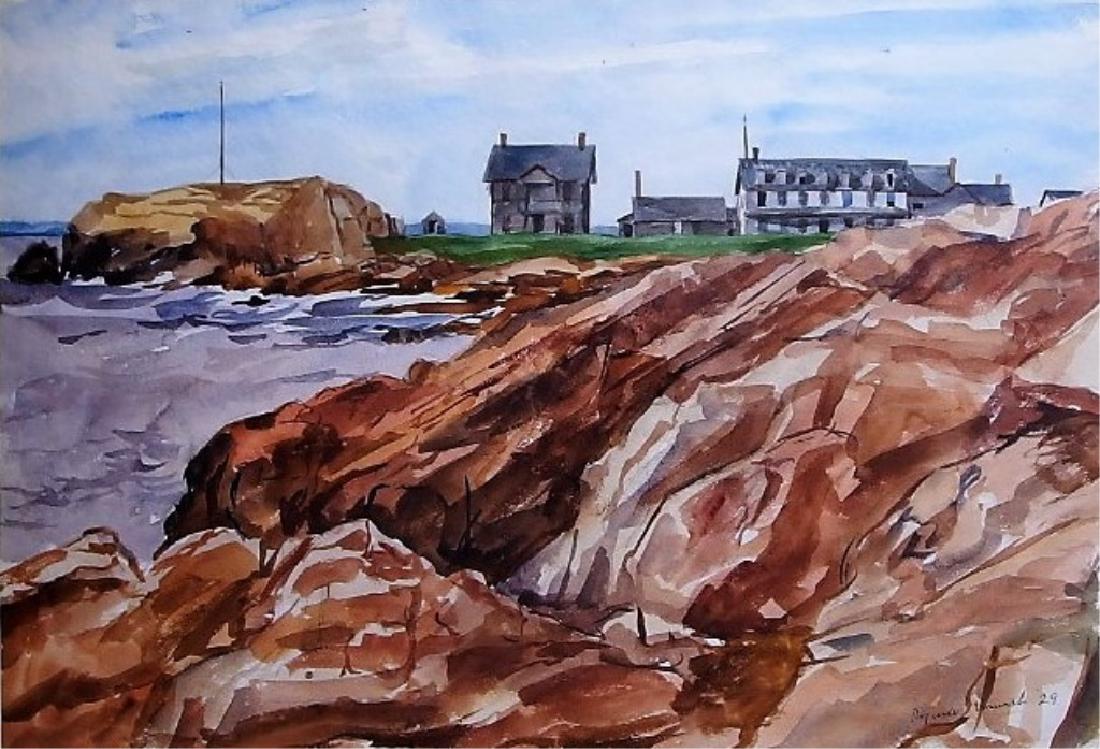 Reginald Marsh Rocky Inlet Watercolor Painting: NEW YORK/VERMONT, 1898-1954 A watercolor landscape painting by Reginald Marsh. Titled "Rocky Inlet", the work depicts a rocky New England coastline with beach houses in the background. The work is sig