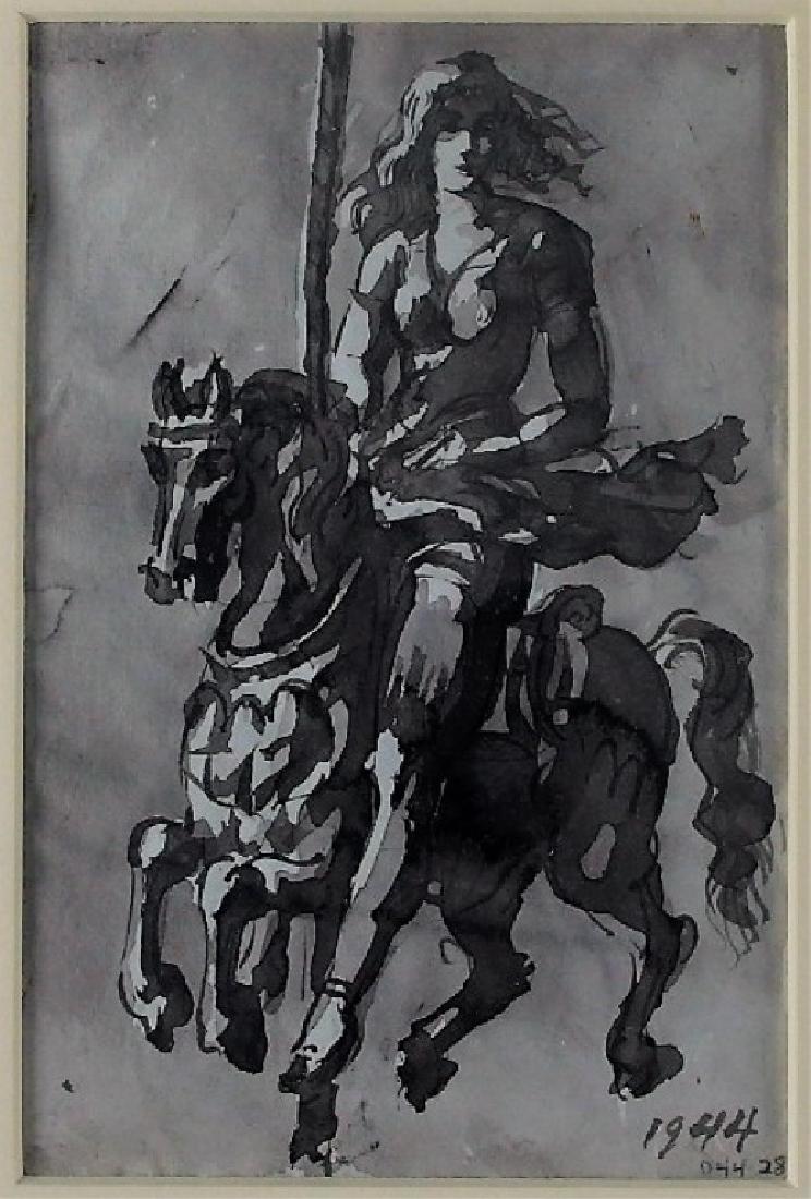 Reginald Marsh Carousel Girl Double Sided Painting: NEW YORK/VERMONT, 1898-1954 A double sided watercolor painting by Social Realist Reginald Marsh. The recto depicts a vogue woman riding a carousel horse as her dress and hair flow in the wind. The wor