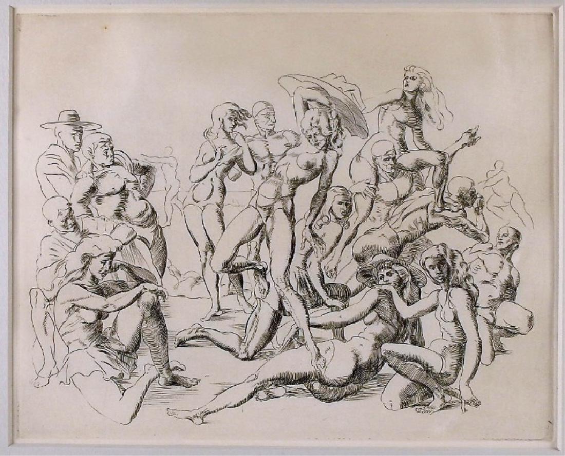 Reginald Marsh Coney Island Beach Engraving: NEW YORK/VERMONT, 1898-1954 An engraving of Coney Island by Reginald Marsh. Titled "Coney Island Beach", the work is a great example of Marshs iconic crowd filled scenes. Provenance: William Benton Co