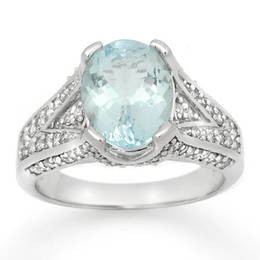 Genuine 3.95 ctw Aquamarine & Diamond Ring 14K White