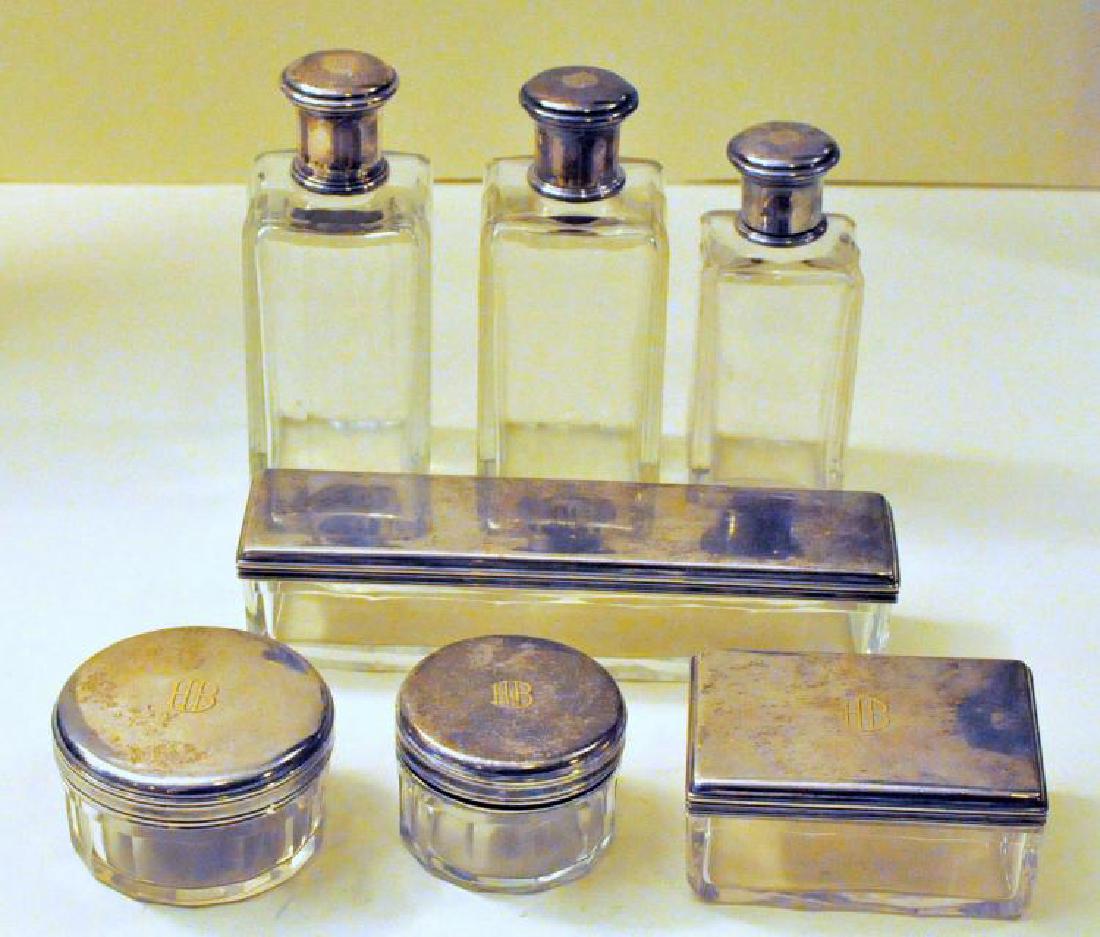 Silver Signed dresser set French G. Keller: Signed G. Keller 7 piece French silver dresser set - hallmarked with mark for 950 silver - each has HB initials with gold overlay - very nice condition.