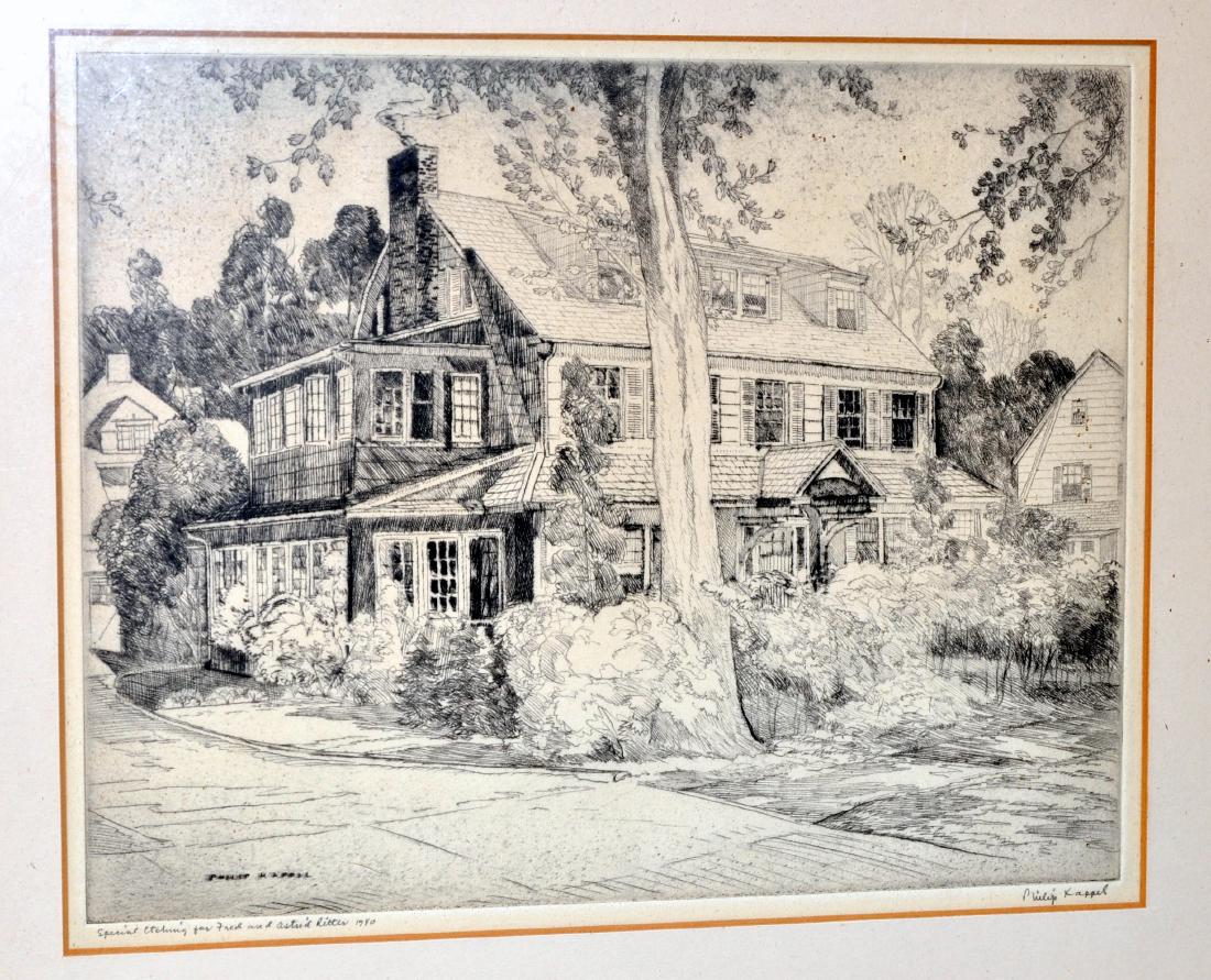 Etching signed Philip Kappel: Philip Kappel( 1901- 1981 ) signed etching - titled - special etching for Fred and Astrid Ritter 1940 - picture shows house in the country -about 8 1/2 x 10 1/2 site.