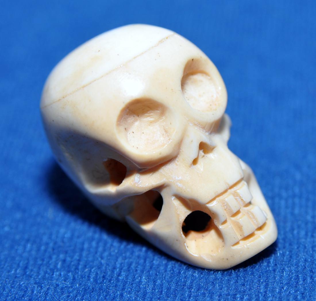 Skull bone carved piercework: Skull hand carved from bone(cow) with drilled head for hanging as pendant or display - carved in detail and about 1 x 1 1/2 inches - condition is nice.
