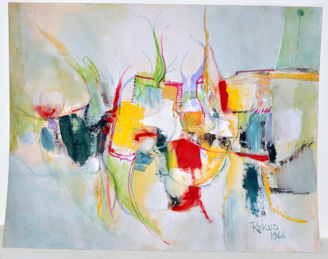 Modernist watercolor signed Rokus: Signed Bernard Rokus modernist watercolor on paper - signed lower right dated 1966 of bright pattern - reds, yellows, -about 16 x 13 inches