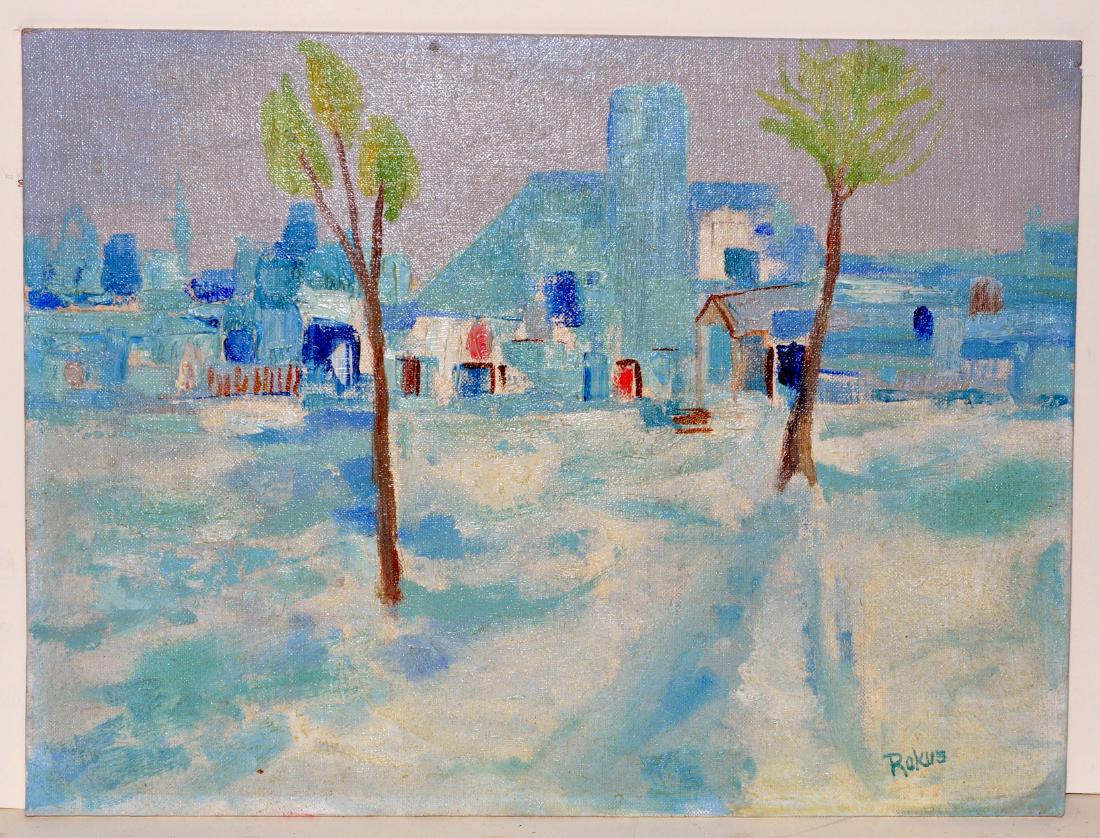 Bernard Rokus signed oil painting: Bernard Rokus signed Rokus lr on artists board- farm scene -about 12 x 16 inches.