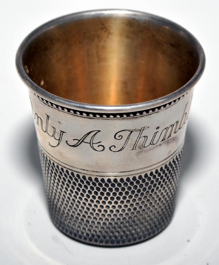 Sterling large thimble antique: Sterling thimble shot glass measure - engraved Only a Thimble Full- looks exactly like a thimble but 2 inches high - marked sterling and in very nice condition.