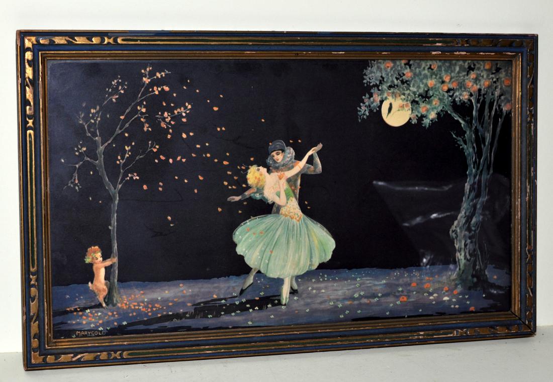 Marygold Marion Crowe deco Harlequin picture: Marygold Marion Crowe art deco 1930's Idyllic night Framed vintage original picture with pan watching Harlequin and lady dancing -about 12 x 20 with what appears to be original frame.