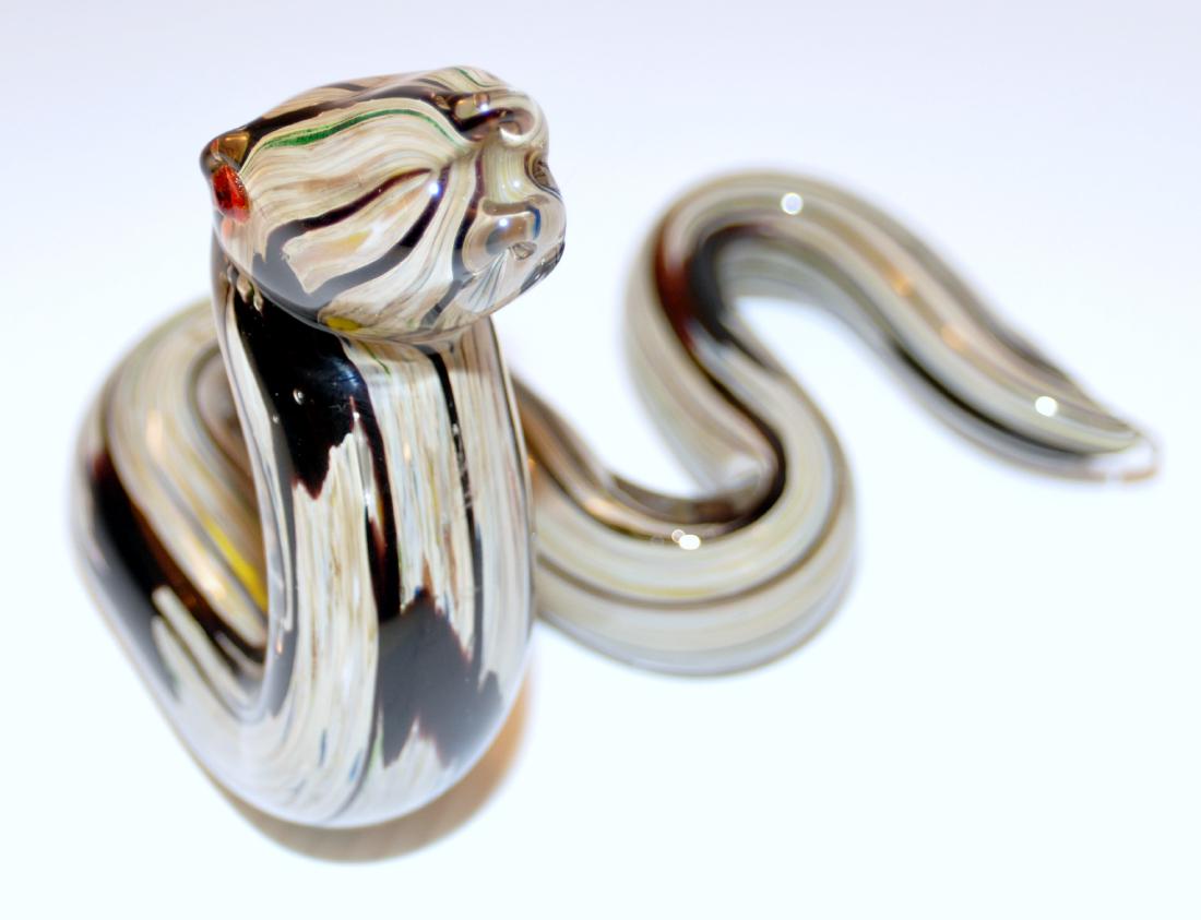 Snake Murano glass coiled: Murano glass snake hand blown multi colored statue - red eyes and striped body- 5 1/2 x 6 x 4 inches