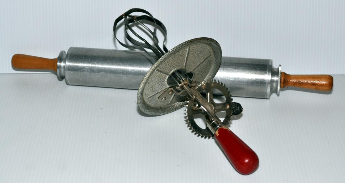 Hand mixer 1923 -rolling pin aluminum: 2 vintage kitchen tools , Hand mixer 1923 - red wood handle - rolling pin aluminum - lathe turned rolling pin mid 20th c with wooden handles - approx 16 "