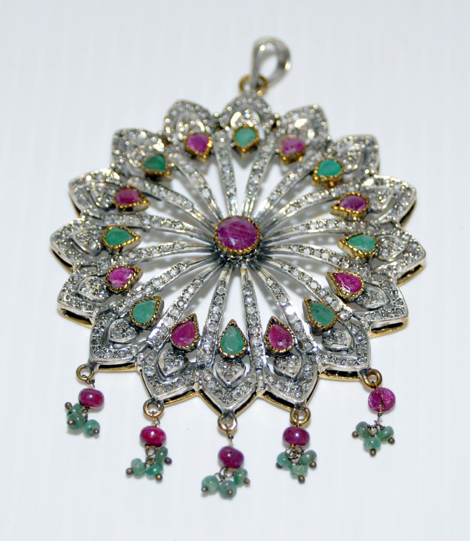Sterling ruby emerald pendant: Magnificent fancy ruby, emerald sterling silver pendant starburst - gemstones -natural -about 3 1/2 inches - great looking pendant