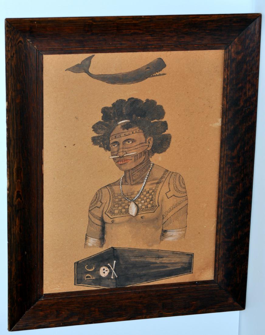 Watercolor Indian Tashtego framed vintage: Watercolor of Indian man - probably from Moby Dick - possibly Tashtego of Gay Head Indians from Marthas Vineyard- also whale at top of picture and coffin at the bottom - -late 19th c frame smoked oak