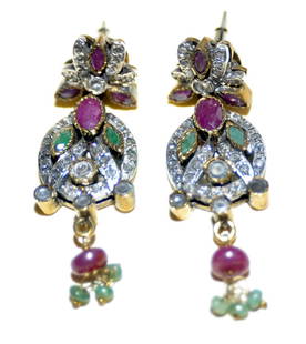 Emerald -ruby gemstone sterling earrings: Emerald - Ruby gemstone natural earrings bezel hand set sterling silver -about 2 inches long