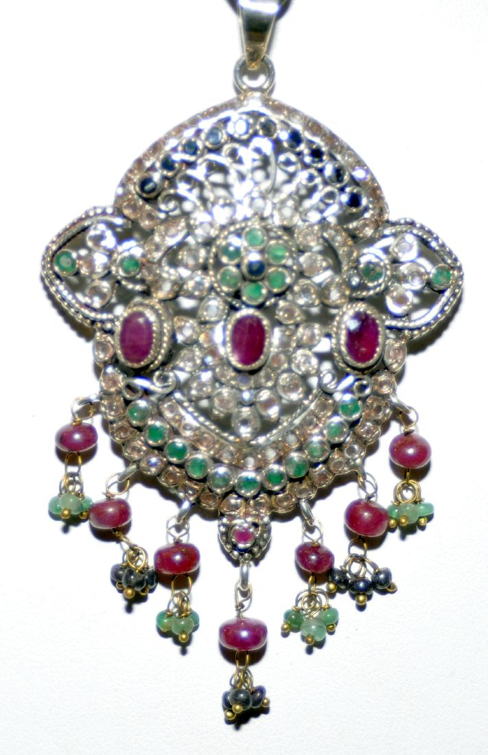 Sterling silver pendant emerald, ruby: Princess fancy emerald - ruby pendant piercework design - master crafted hanging pendant with 3 large natural rubies cushion cut faceted stones measuring about 5 x 7 mm complemented by natural emerald
