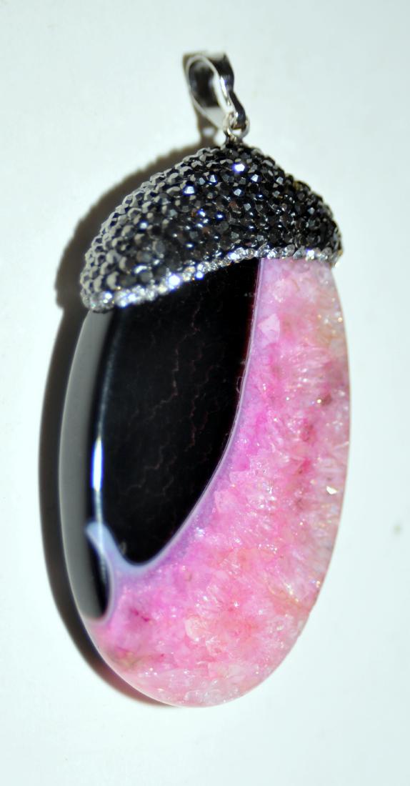 Banded agate pendant metal cap: Fancy pink and black banded agate - has fancy metal cap that looks like marcasite - about 2 1/2 inches long