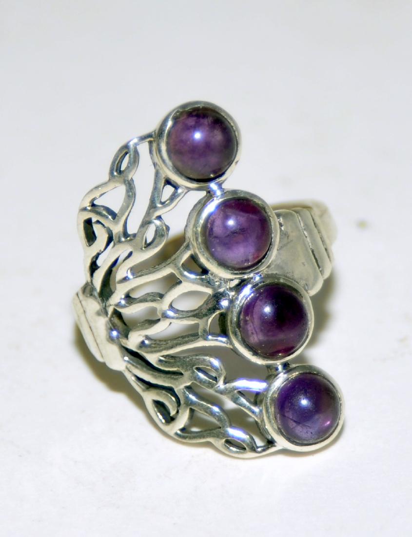 Amethyst sterling ring piercework: Tree of life design amethyst sterling ring with 4 round cabochon amethysts - polished Brazilian stones bezel set - ring is marked 925 and is about size 8