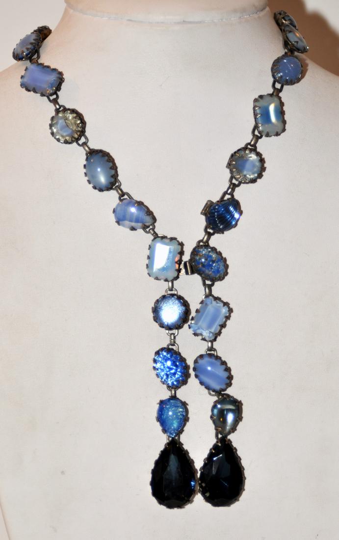 DeLuxe NYC vintage necklace: Deluxe signed vintage necklace faux sapphire, moonstone marked Deluxe, NYC, A Dam - multiple clasps for wearing necklace long and short -about 25 inch