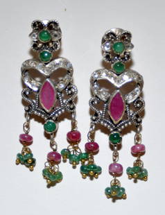 Ruby emerald earrings sterling: Long mogul style emerald ruby earrings in sterling with Central ruby gemstone - custom and nice brilliant stones -about 1 3/4 inches long